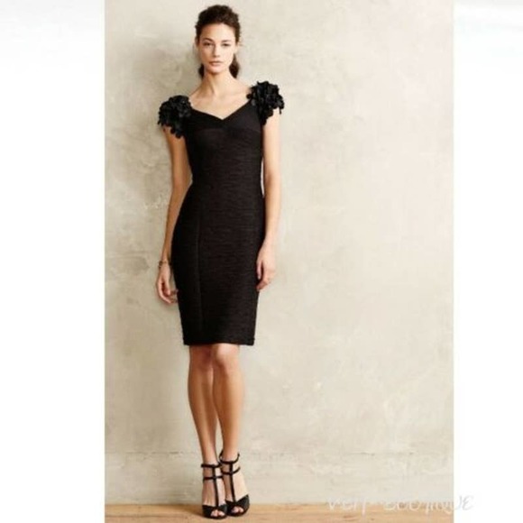 Anthropologie Maeve Viala Pintuck Floral Applique Dress Sz 2 Black Bodycon - Picture 1 of 12